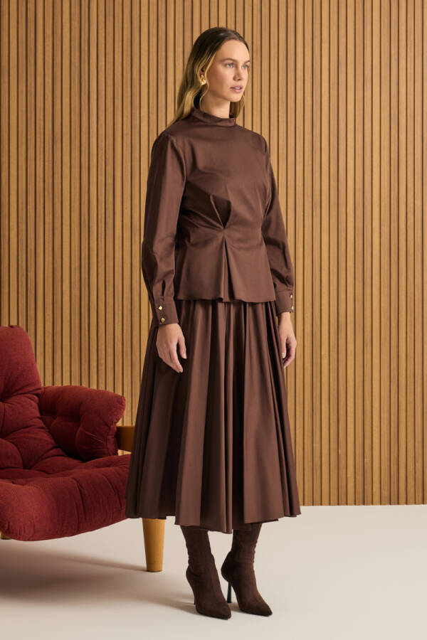 Kahverengi Beli Pili Detaylı Cotton Bluz - 3