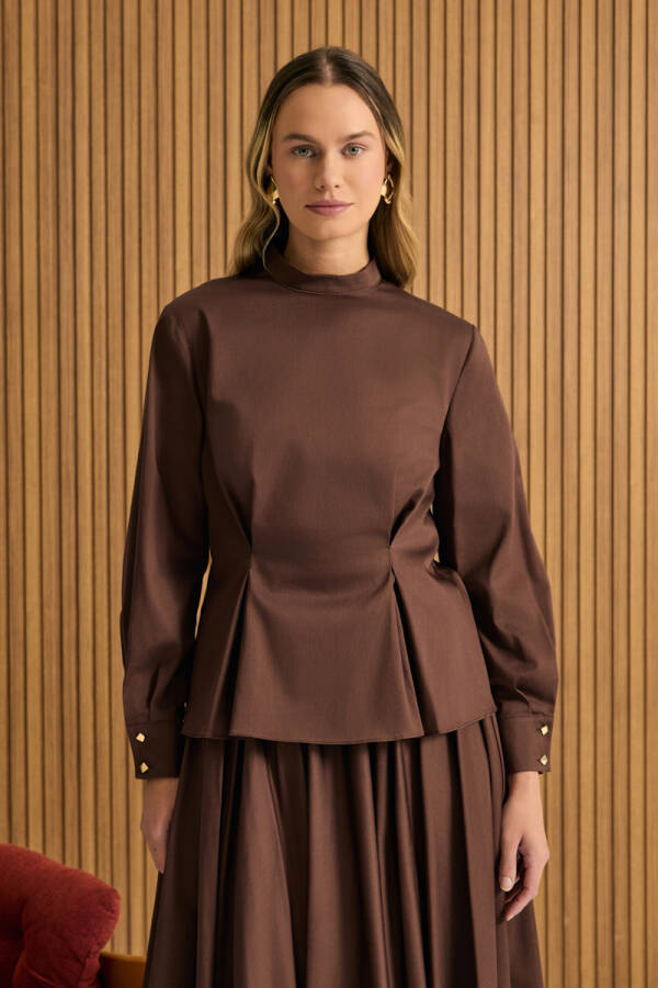 Kahverengi Beli Pili Detaylı Cotton Bluz - 4