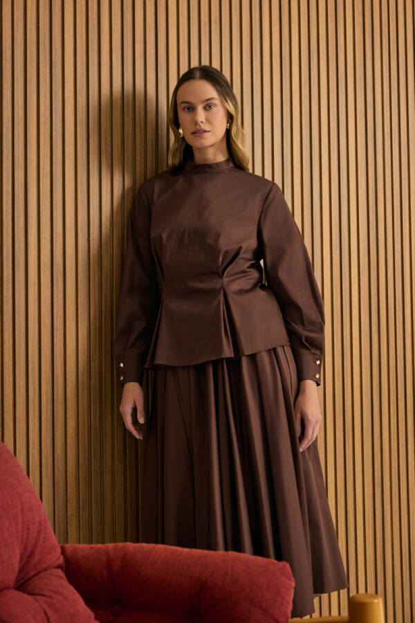 Kahverengi Beli Pili Detaylı Cotton Bluz - 1