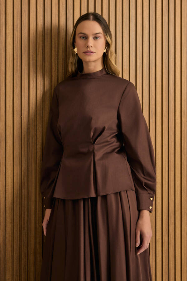 Kahverengi Beli Pili Detaylı Cotton Bluz - 5