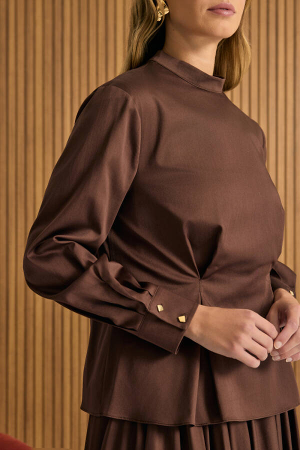 Kahverengi Beli Pili Detaylı Cotton Bluz - 6