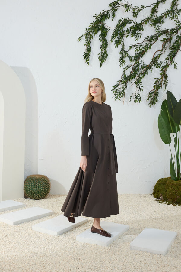 Kahverengi Bisiklet Yaka Elbise - 1