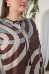 Kahverengi Bisiklet Yaka Püskül Detaylı Desenli Bluz - 5