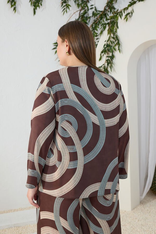 Kahverengi Bisiklet Yaka Püskül Detaylı Desenli Bluz - 6