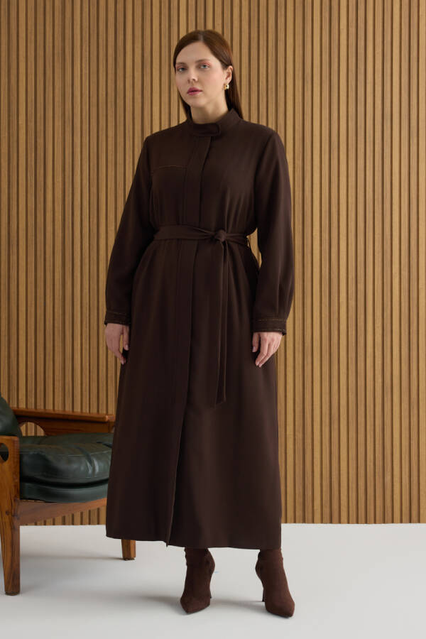 Kahverengi Boncuk İşleme Detaylı Ferace - Aker