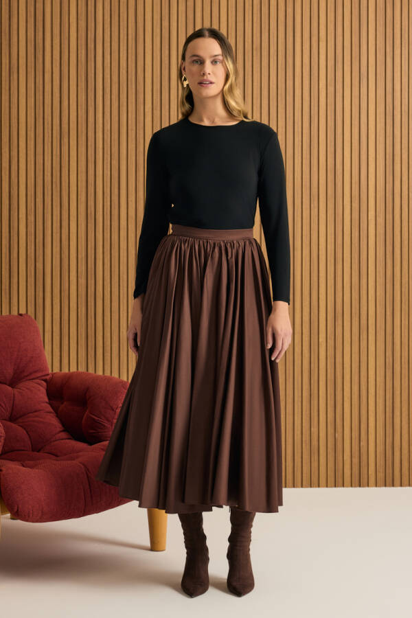 Kahverengi Büzgülü Kloş Cotton Etek - 3