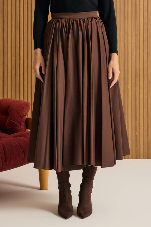 Kahverengi Büzgülü Kloş Cotton Etek - 4
