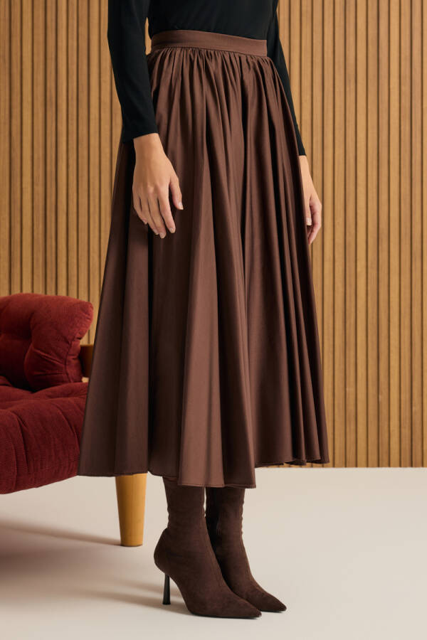 Kahverengi Büzgülü Kloş Cotton Etek - 5