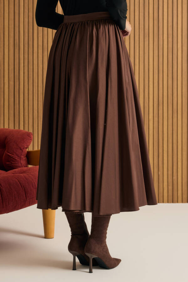 Kahverengi Büzgülü Kloş Cotton Etek - 6