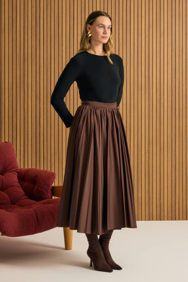 Kahverengi Büzgülü Kloş Cotton Etek - Aker (1)