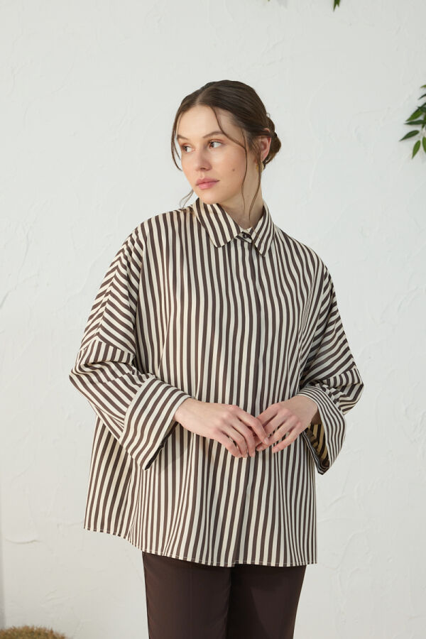 Kahverengi Çizgili Bluz - 4