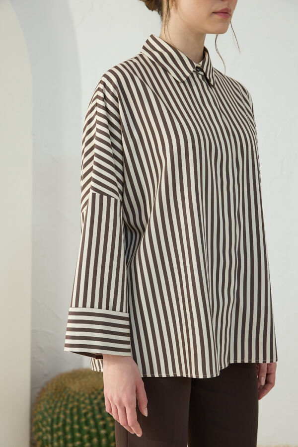 Kahverengi Çizgili Bluz - 6