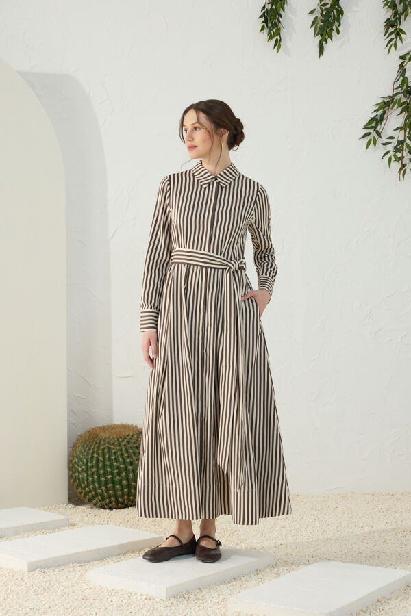 Kahverengi Çizgili Klasik Elbise - 4