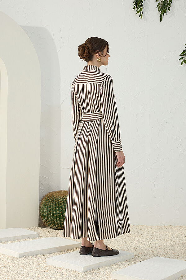 Kahverengi Çizgili Klasik Elbise - 7