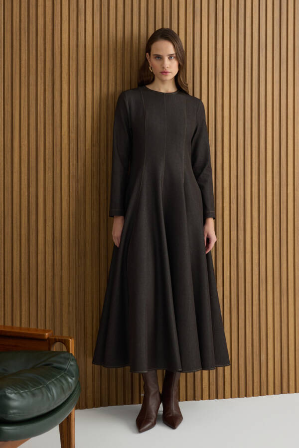 Kahverengi Denim Görünümlü Elbise - Aker (1)