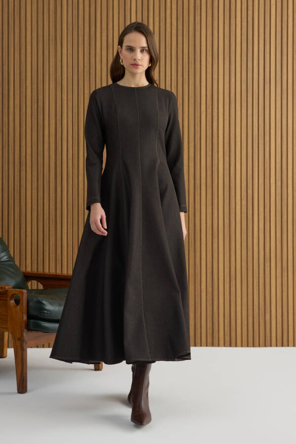 Kahverengi Denim Görünümlü Elbise - Aker