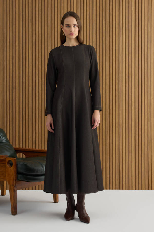 Kahverengi Denim Görünümlü Elbise - 3