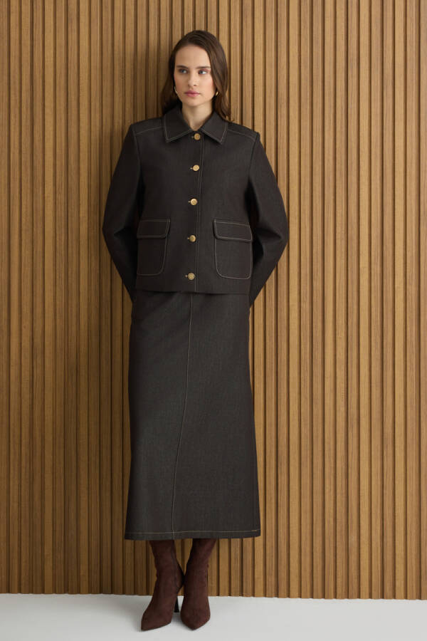 Kahverengi Denim Görünümlü Etek - 1