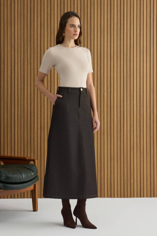 Kahverengi Denim Görünümlü Etek - 3