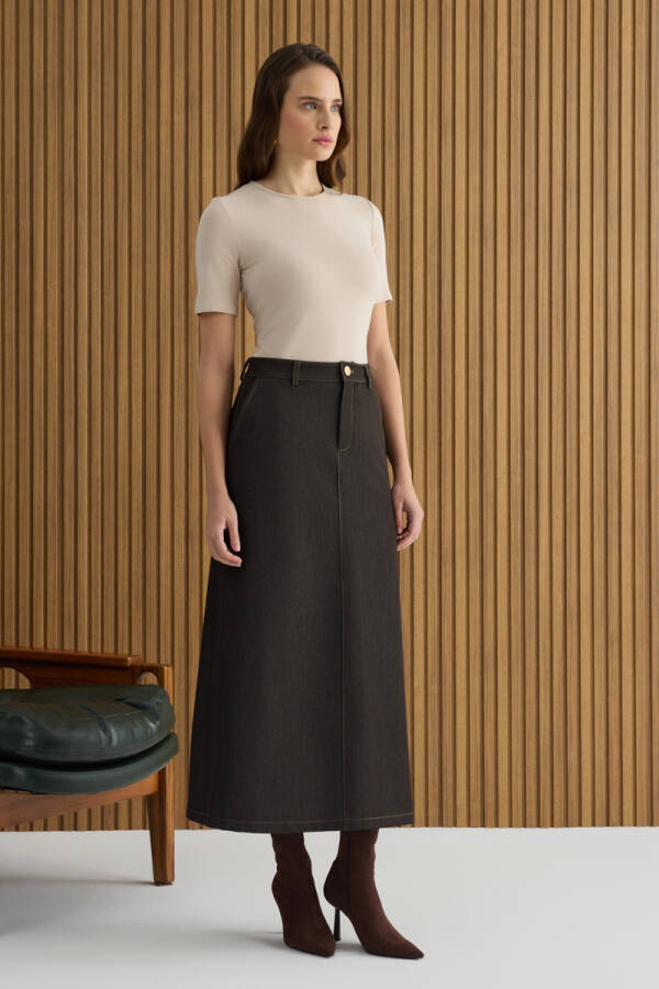 Kahverengi Denim Görünümlü Etek - 4