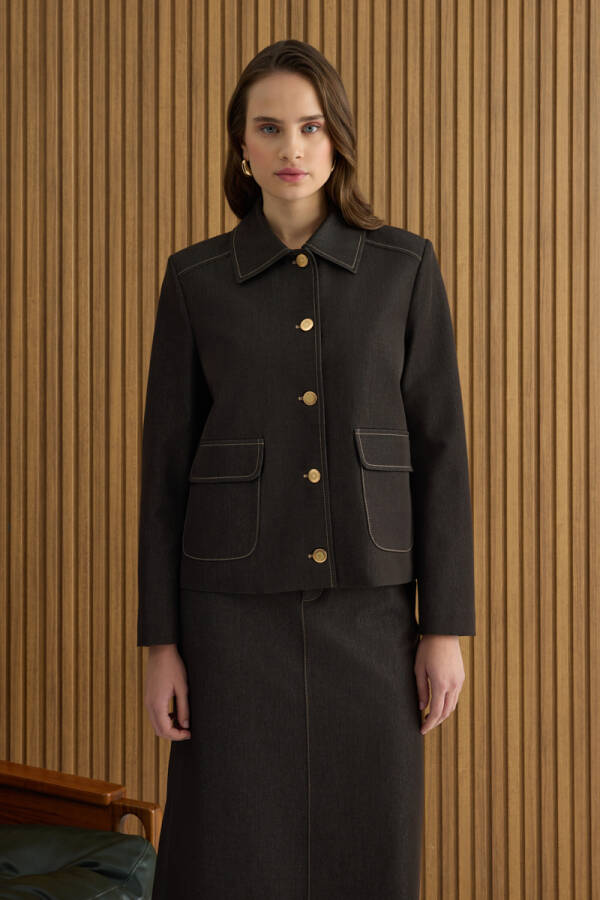 Kahverengi Denim Görünümlü Kısa Ceket - 3