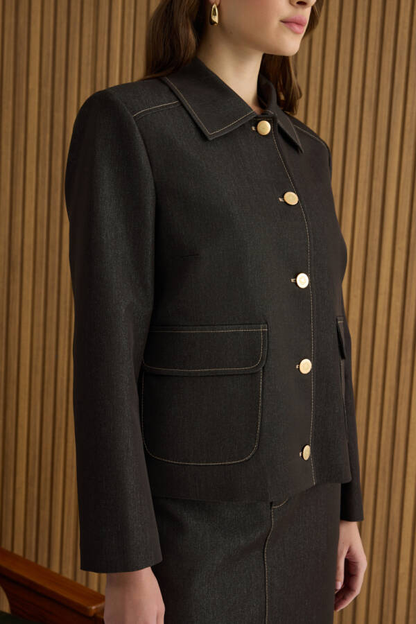 Kahverengi Denim Görünümlü Kısa Ceket - 6