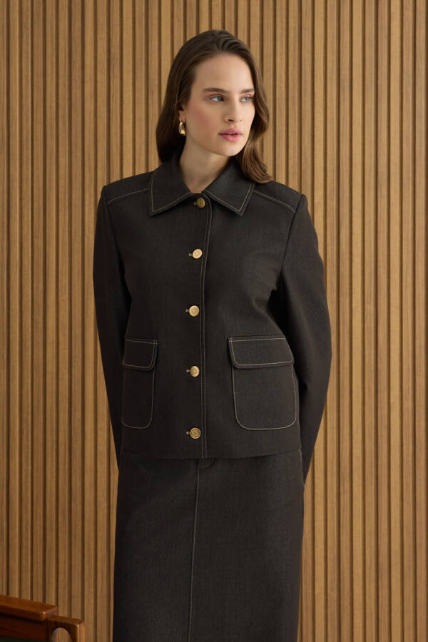 Kahverengi Denim Görünümlü Kısa Ceket - 4