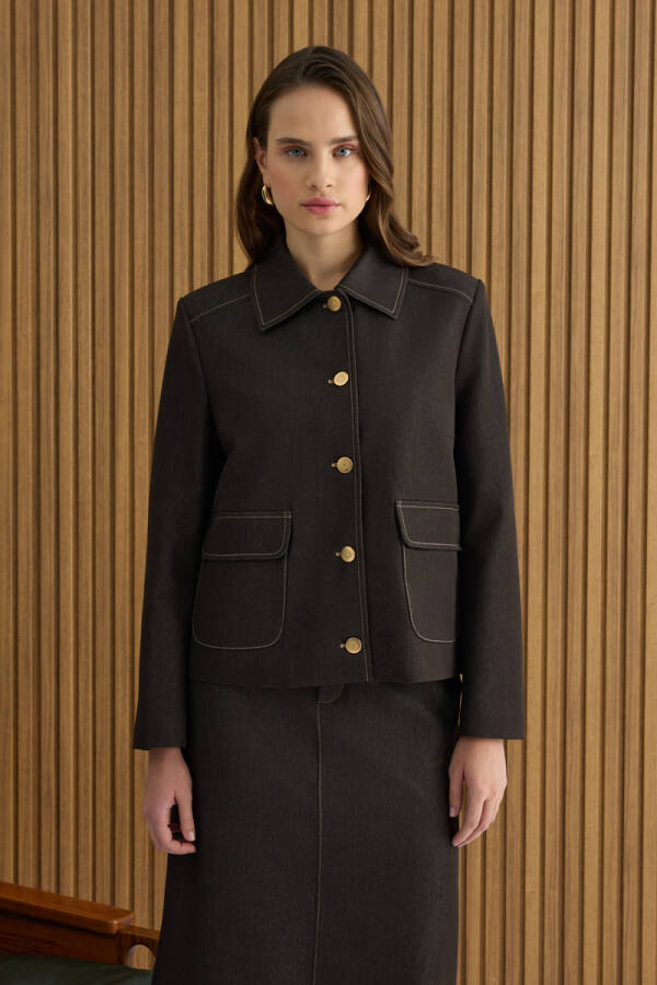 Kahverengi Denim Görünümlü Kısa Ceket - 5