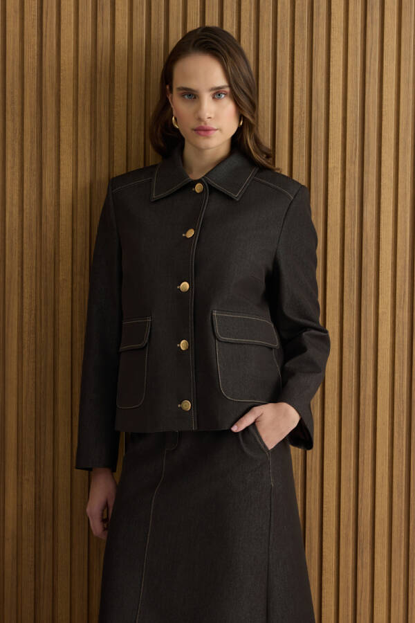 Kahverengi Denim Görünümlü Kısa Ceket - Aker