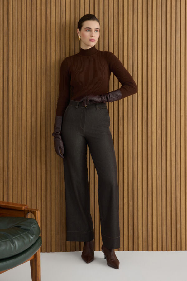 Kahverengi Denim Görünümlü Pantolon - 6