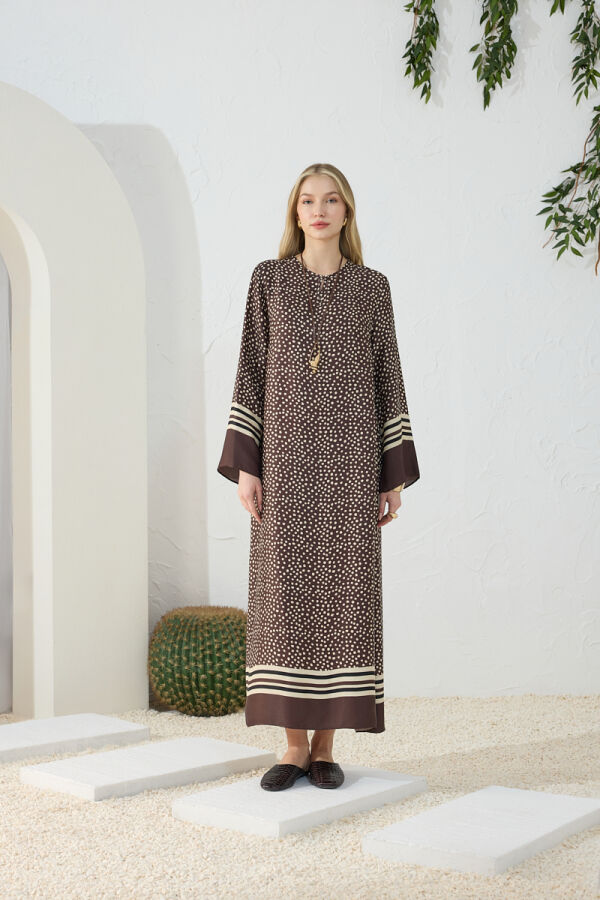 Kahverengi Desenli Bisiklet Yaka Elbise - Aker (1)