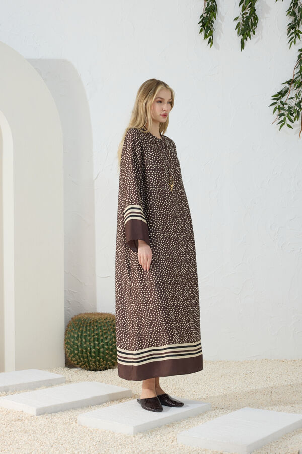 Kahverengi Desenli Bisiklet Yaka Elbise - 4