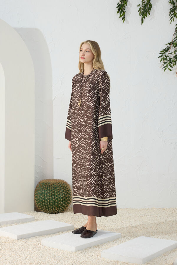 Kahverengi Desenli Bisiklet Yaka Elbise - 5