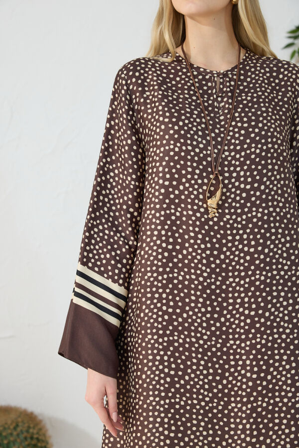 Kahverengi Desenli Bisiklet Yaka Elbise - 6