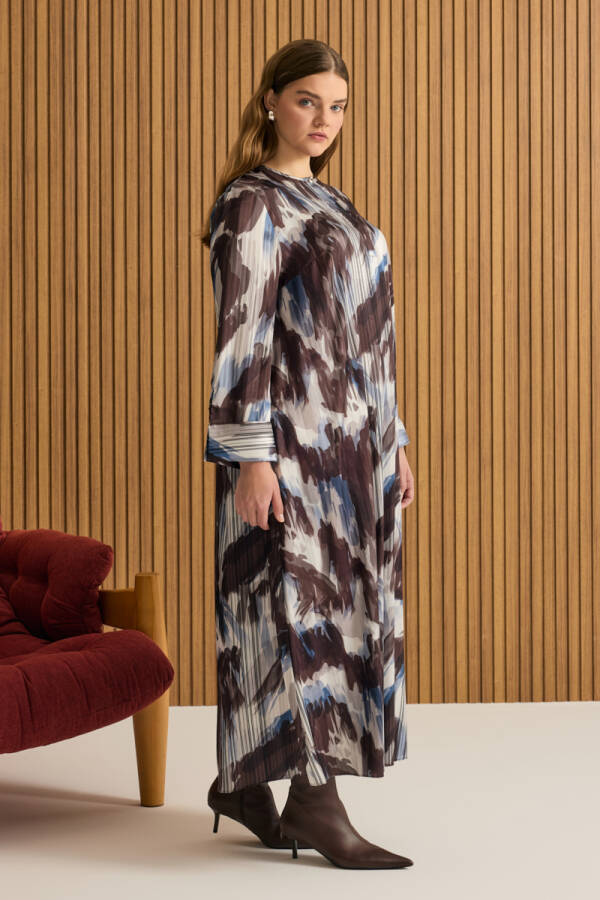 Kahverengi Desenli Elbise - 3