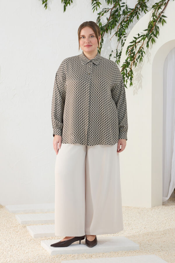 Kahverengi Desenli Klasik Bluz - 2