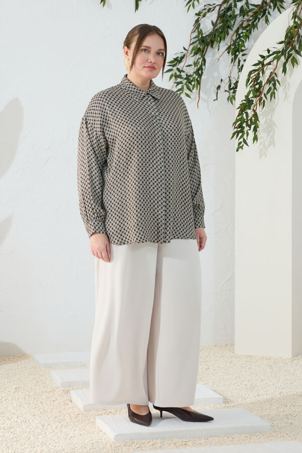 Kahverengi Desenli Klasik Bluz - 4