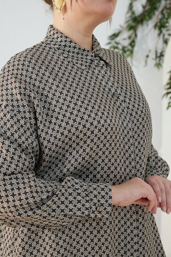 Kahverengi Desenli Klasik Bluz - 5