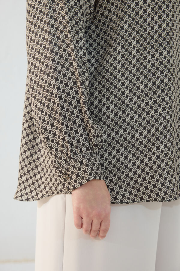 Kahverengi Desenli Klasik Bluz - 6