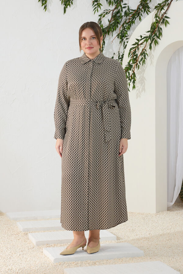 Kahverengi Desenli Kuşaklı Elbise - Aker (1)