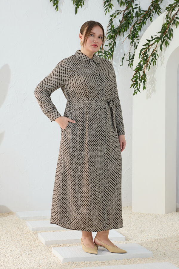Kahverengi Desenli Kuşaklı Elbise - 3