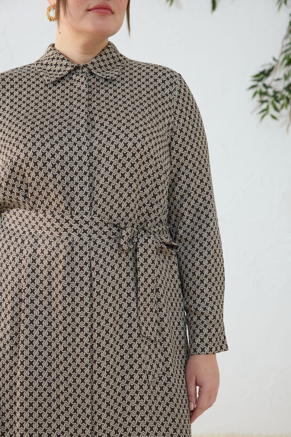 Kahverengi Desenli Kuşaklı Elbise - 5