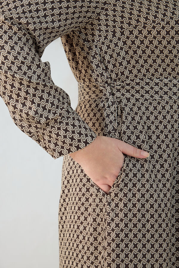 Kahverengi Desenli Kuşaklı Elbise - 6