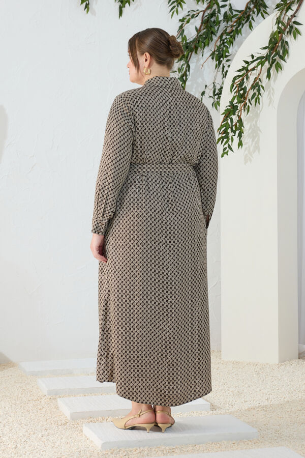 Kahverengi Desenli Kuşaklı Elbise - 7