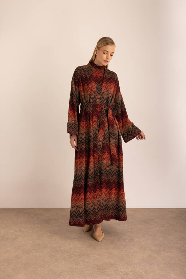 Kahverengi Desenli Simli Örme Kimono - Aker (1)