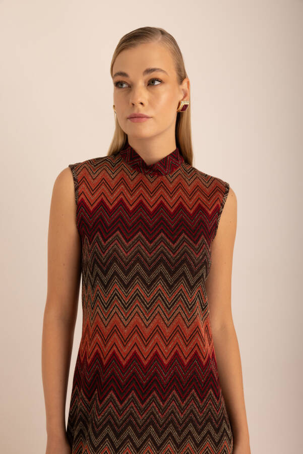 Kahverengi Desenli Simli Örme Kolsuz Elbise - 3