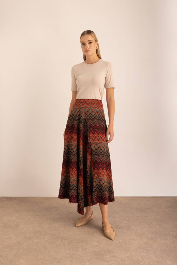 Kahverengi Desenli Simli Verev Kuplu Örme Etek - Aker (1)