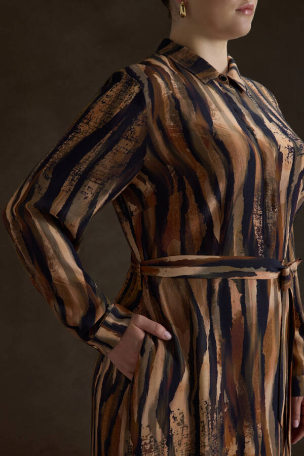 Kahverengi Desenli Viscon Elbise - 5