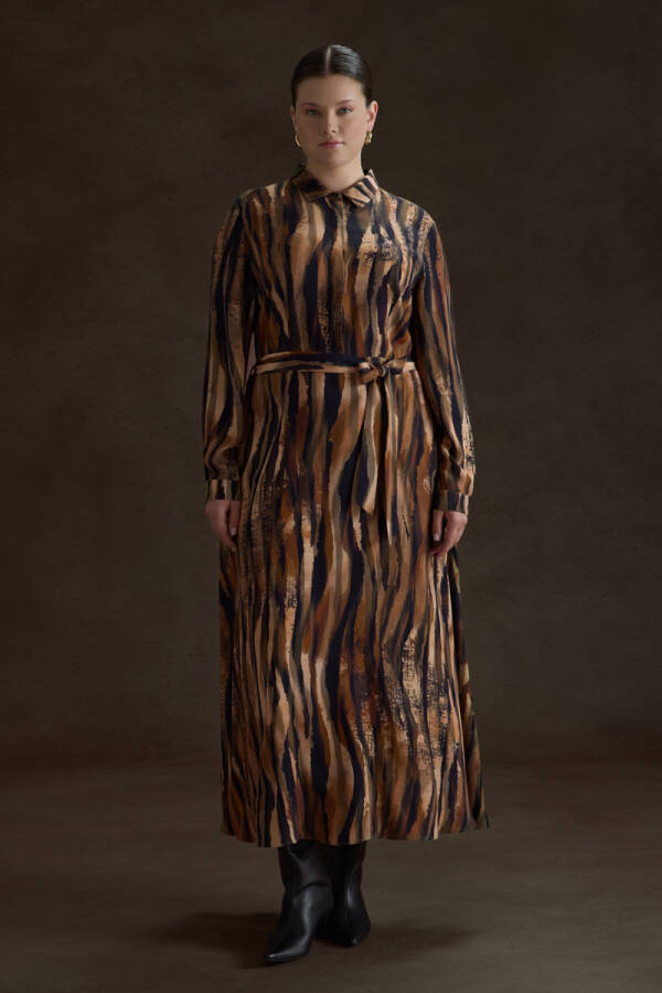 Kahverengi Desenli Viscon Elbise - 2