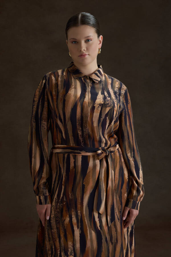 Kahverengi Desenli Viscon Elbise - 3